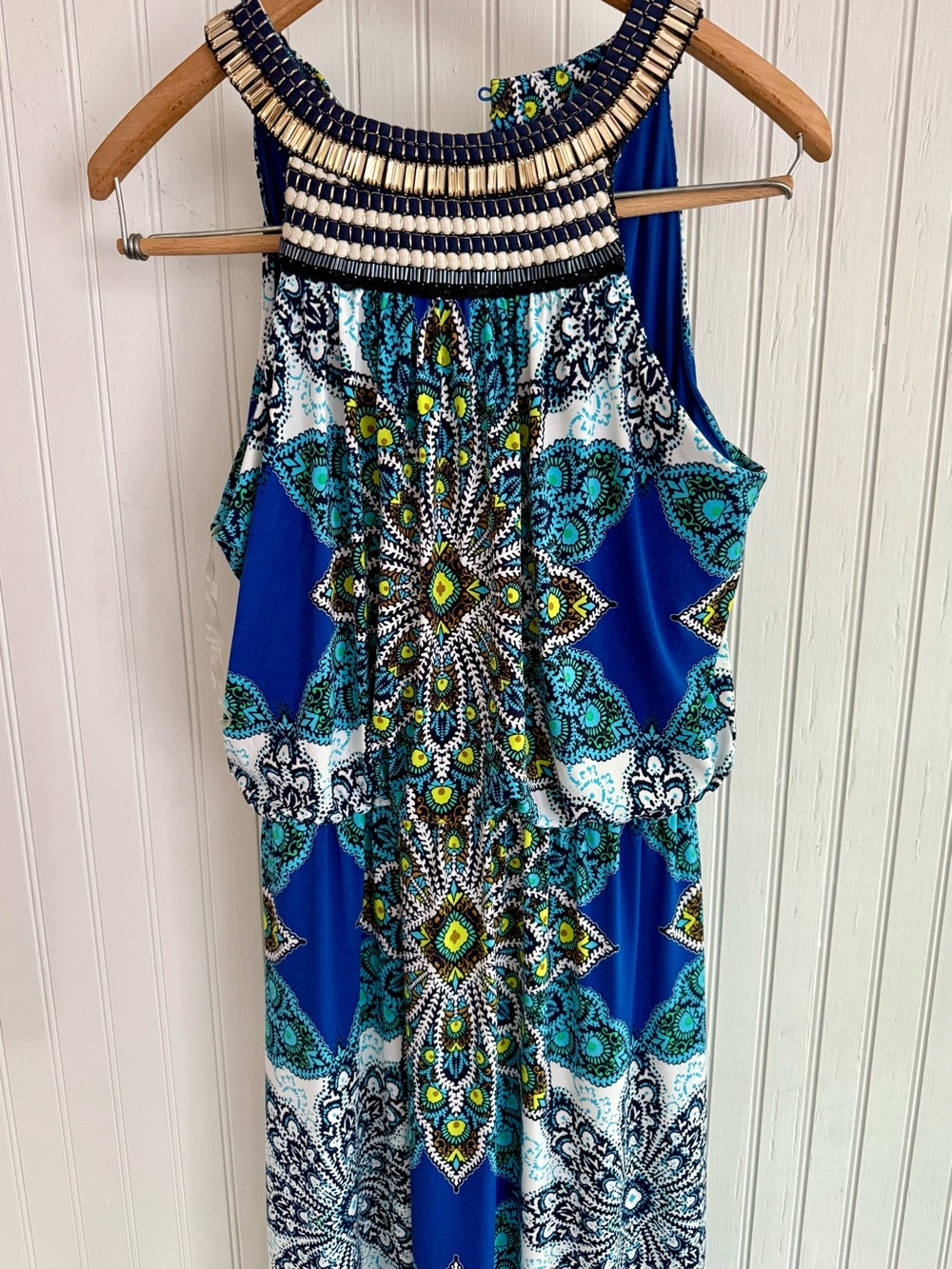 CB Beaded Halter Maxi Dress Size 4 in Blue and Green